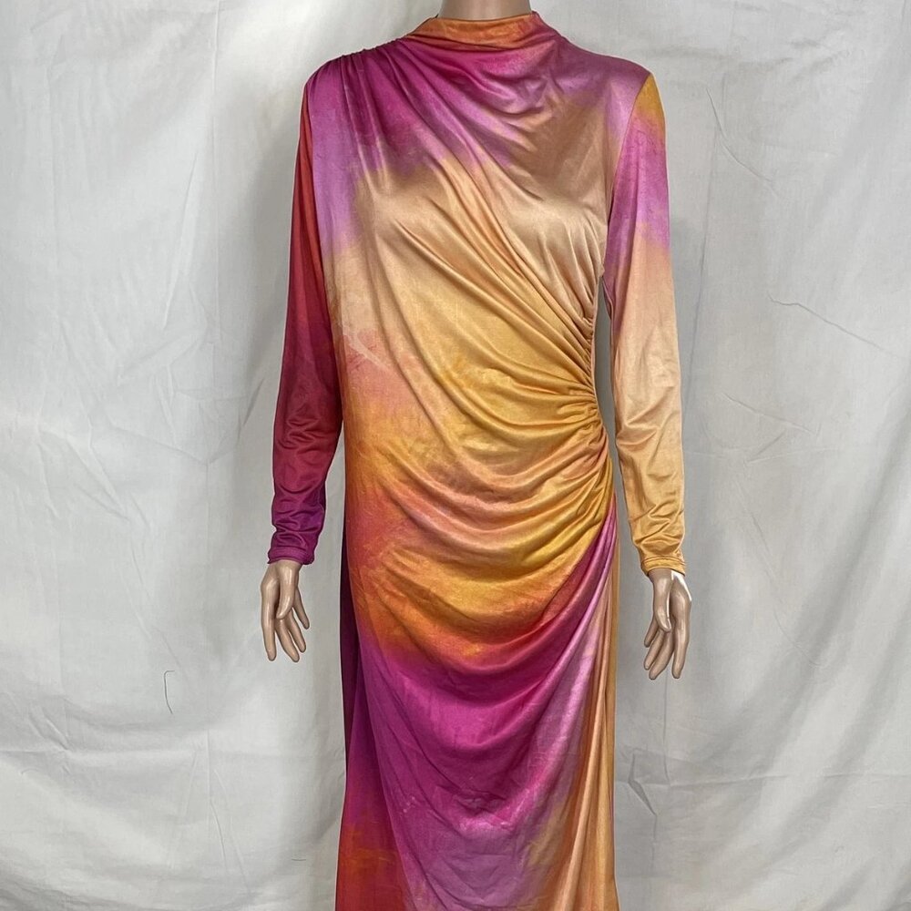 NEW DASKA Ruched Blur Print Maxi Dress • Size L • Multicolor